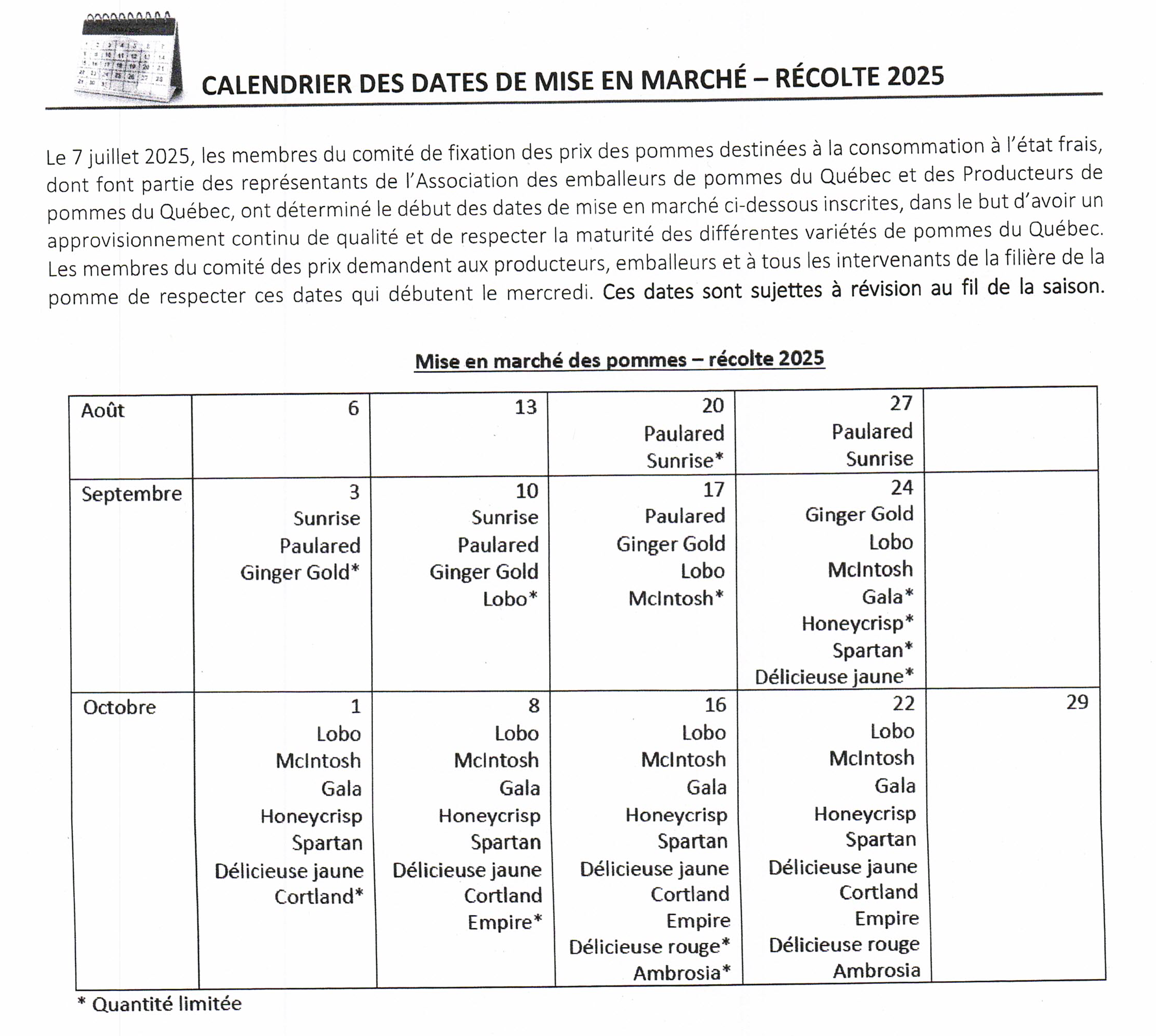 Calendrier 2025